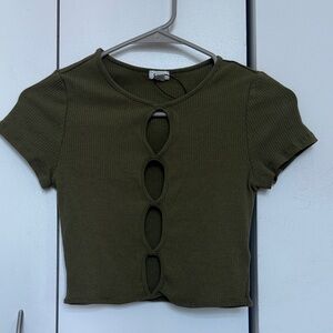 Garage Olive Ribbed Cut-Out Crop Top